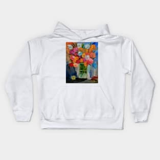 A lovely abstract background and vibrant flowers in a glass vase . Kids Hoodie